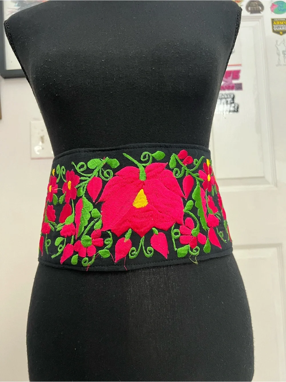 Embroidered Floral Waist Belt in Black with Pink & Green